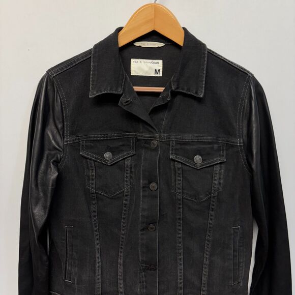 Rag & Bone Women Lamb Leather Sleeve Denim Jacket Size Medium Black D060 -1 - Picture 9 of 15
